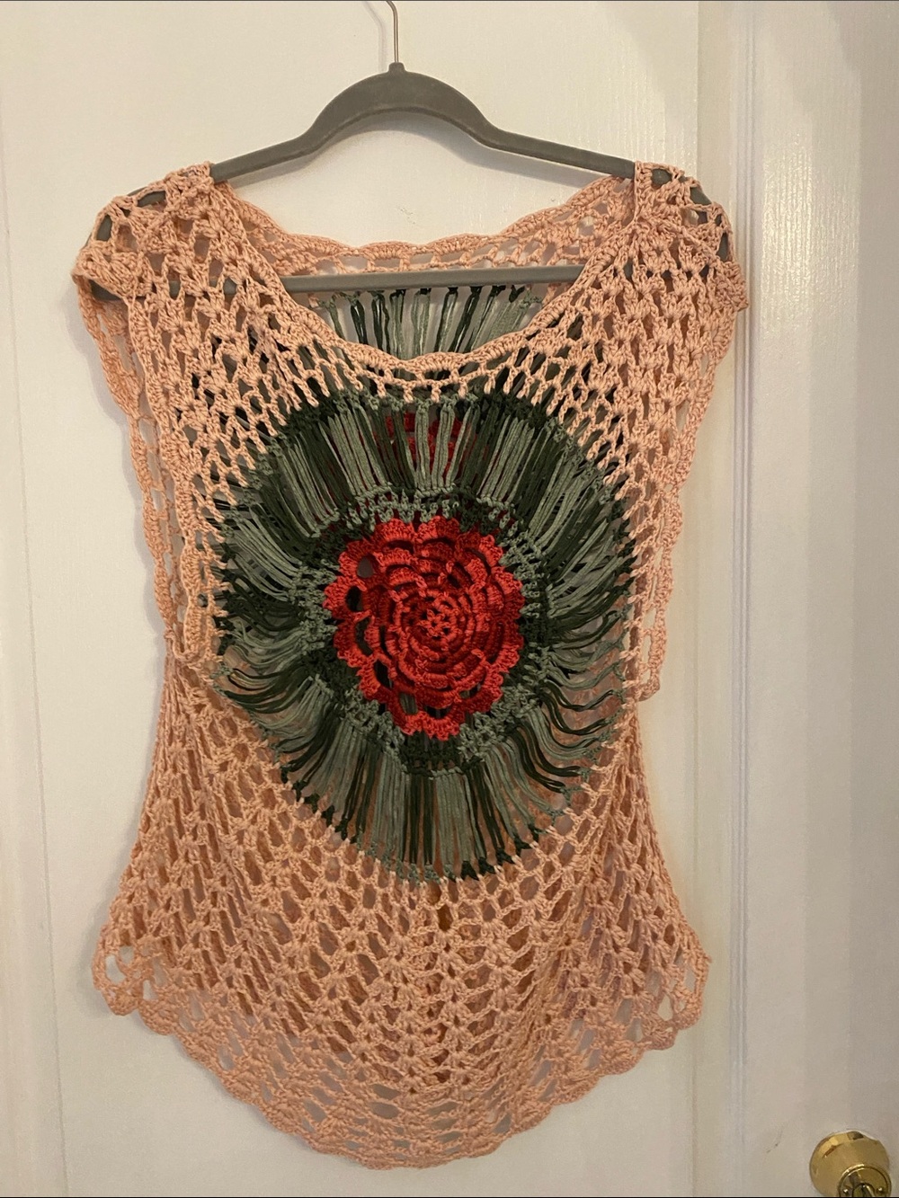 Handmade Peach Crochet Women's Tank with Red Floral Accent brand new